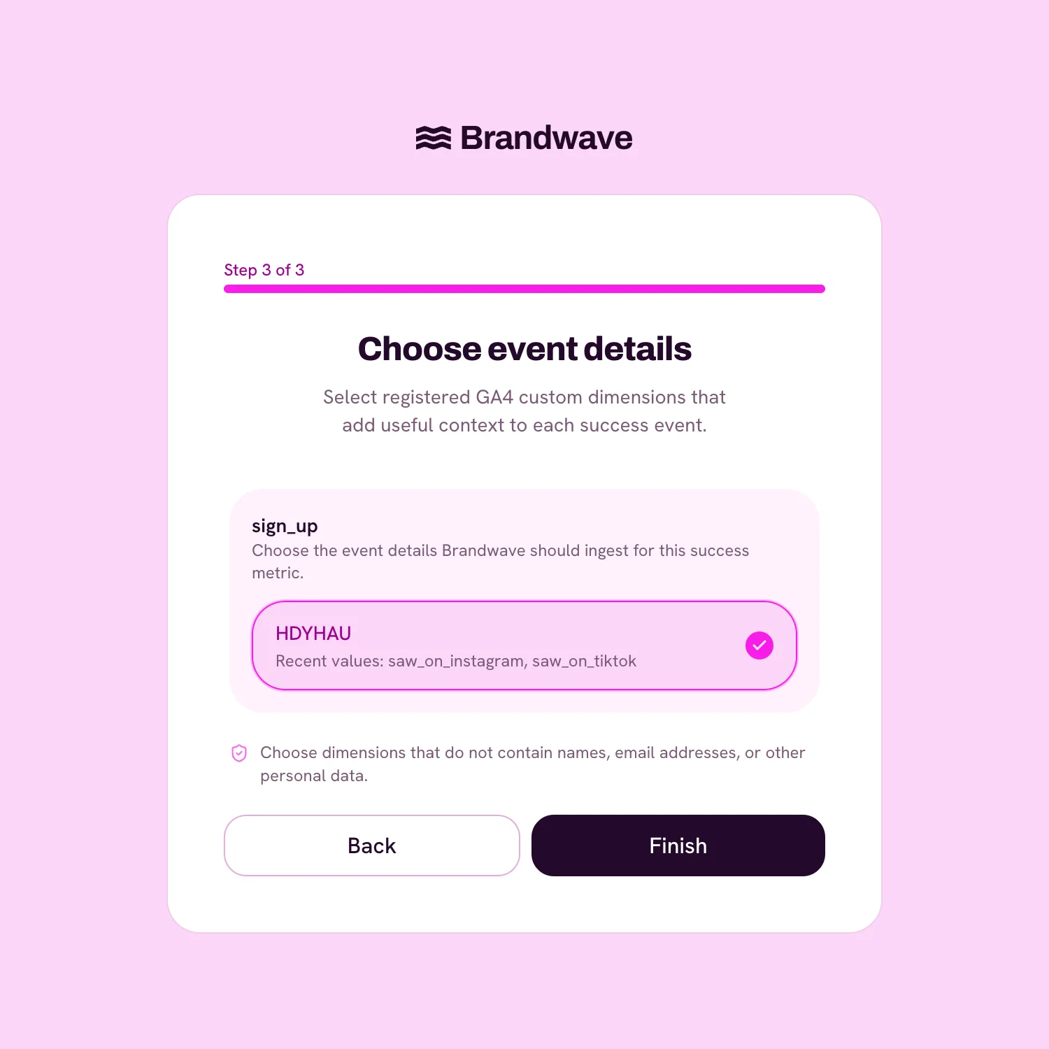 Brandwave event details step with the HDYHAU GA4 custom dimension selected