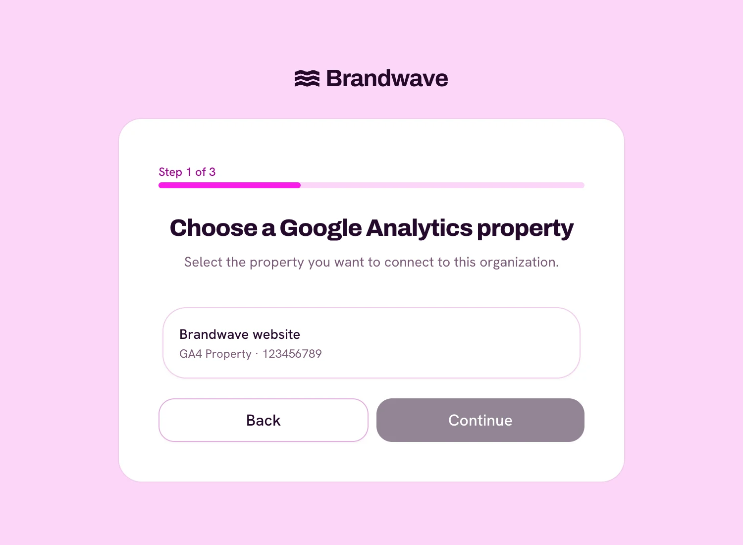 Brandwave Google Analytics connection wizard showing a GA4 property option