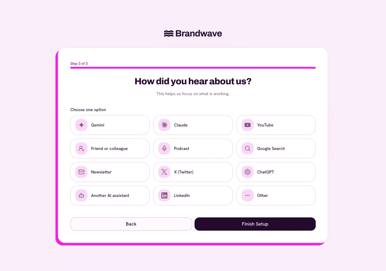Current Brandwave How did you hear about us survey with search, social, referral, newsletter and AI assistant options
