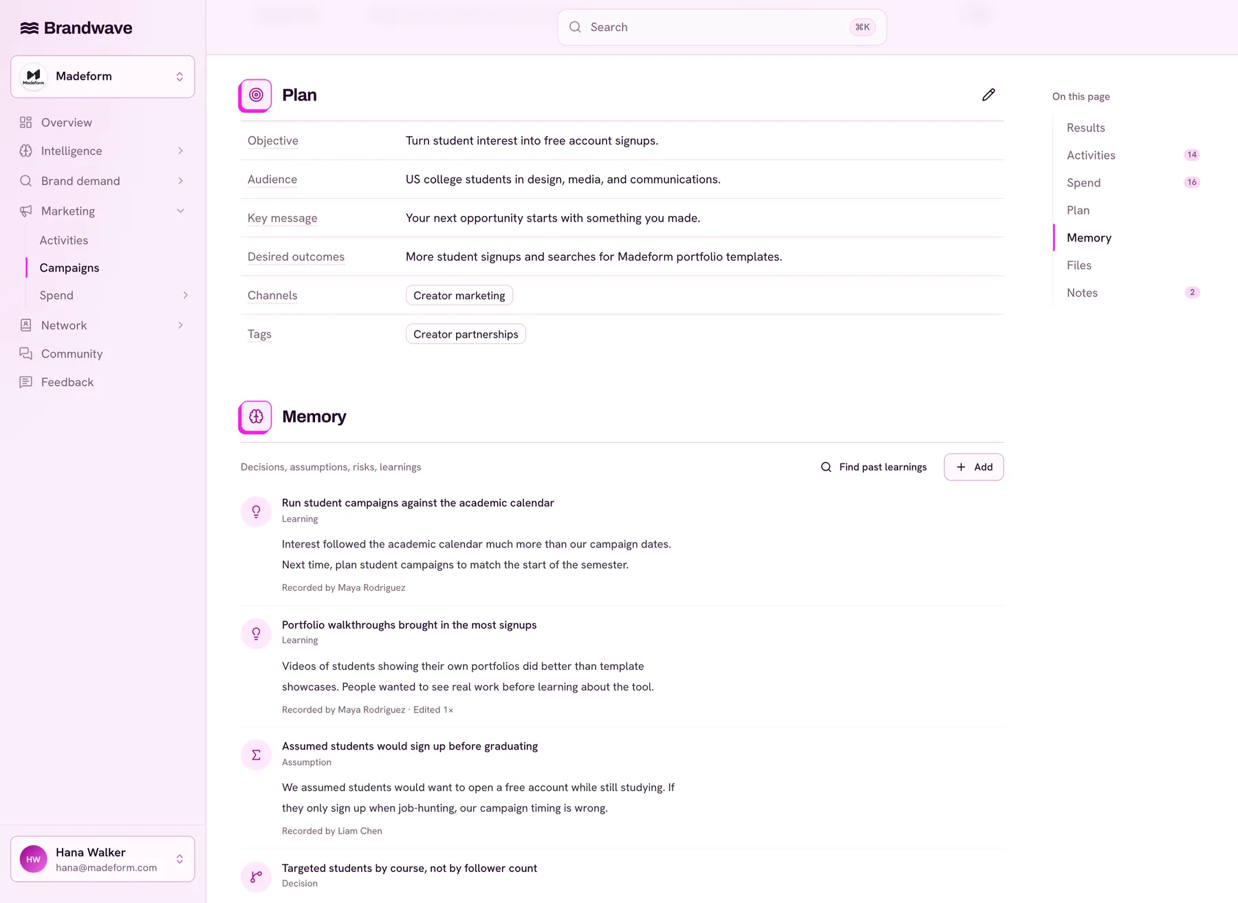 Brandwave campaign page showing the original plan with objective, audience and key message, and a memory of learnings, assumptions and decisions recorded during delivery