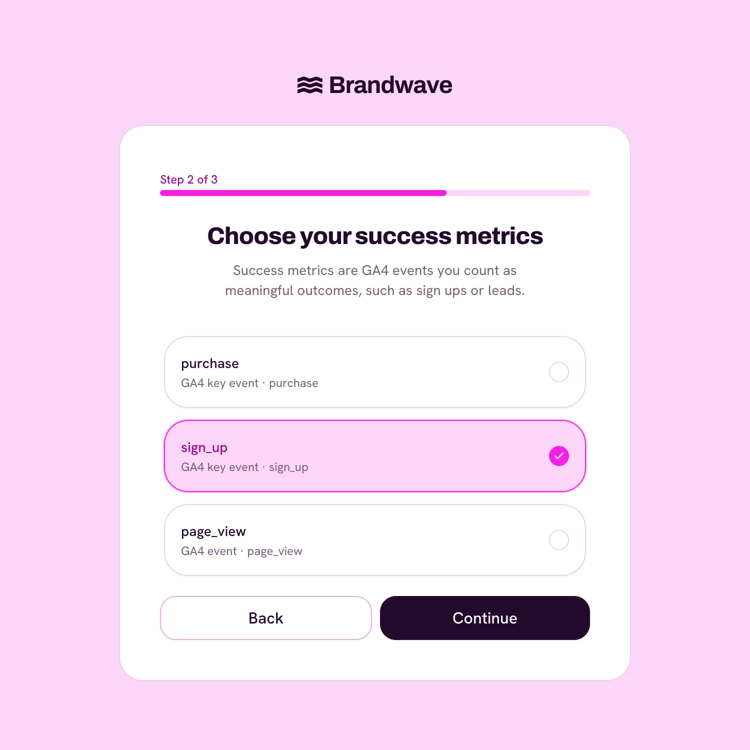 Brandwave setup wizard showing sign up selected as a GA4 success metric